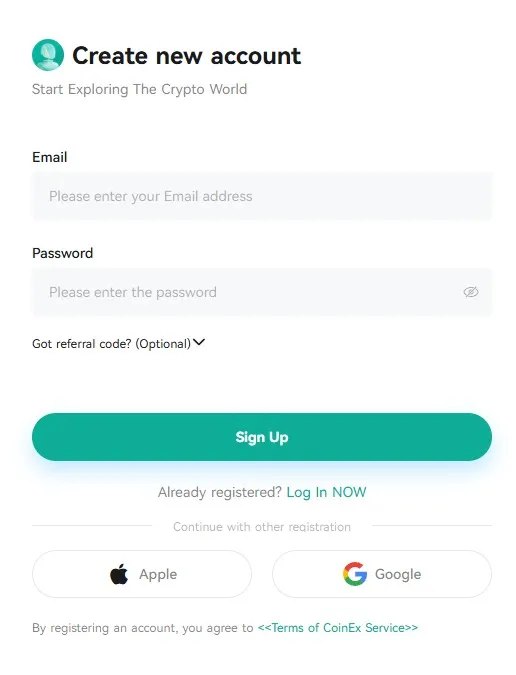 CoinEx Web Registration Form
